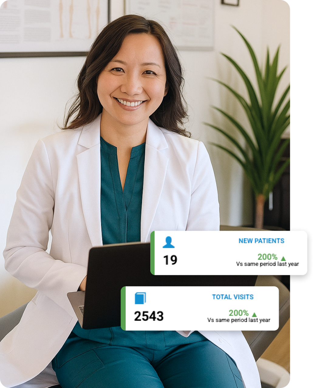 Woman smiling while checking reports and insight data in Aspire