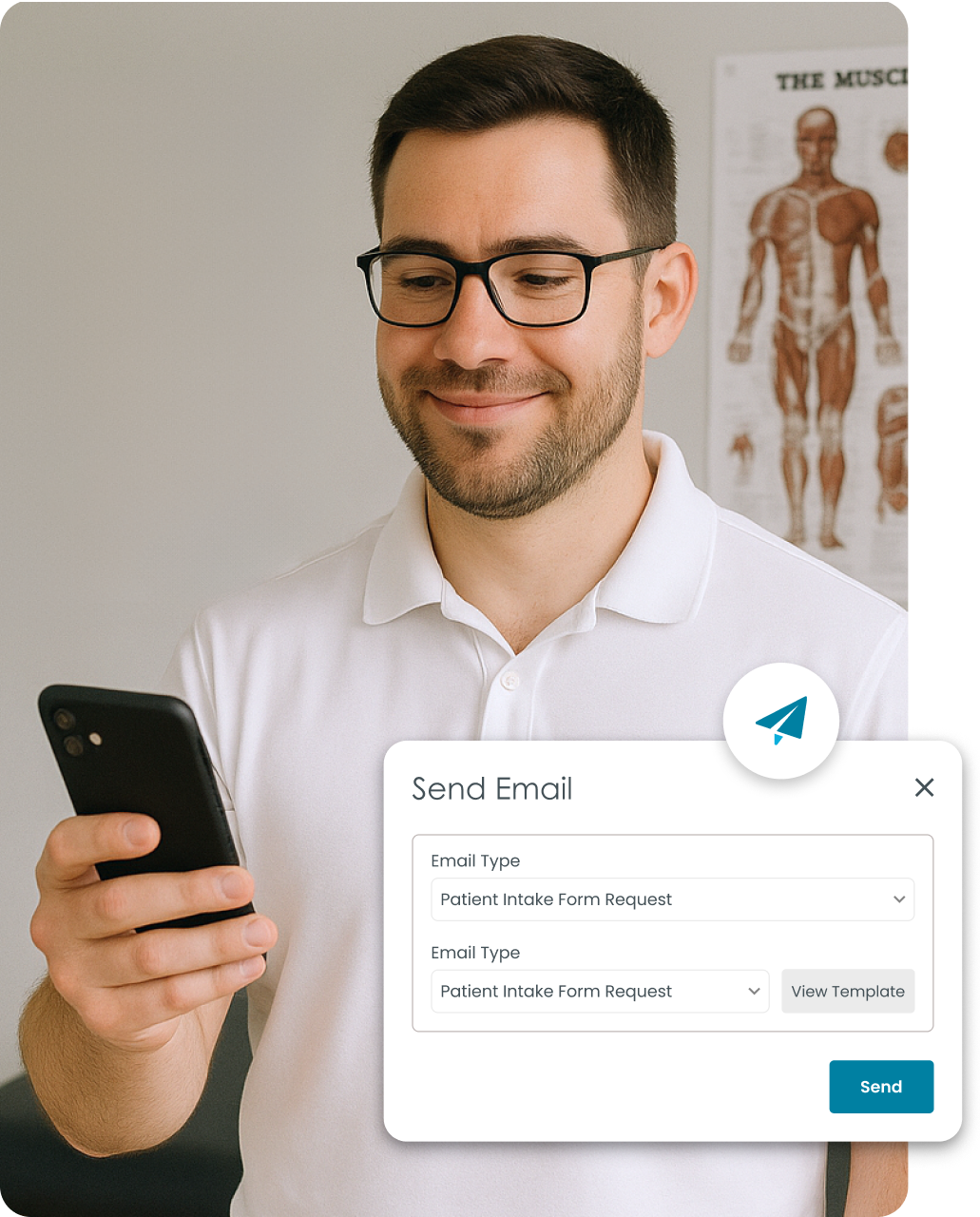 Man smiling while sending an email in Aspire